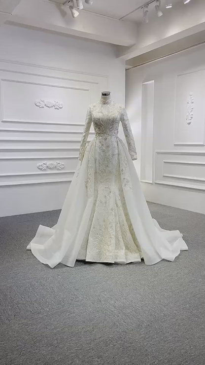 2 in 1 Mermaid Wedding Dresses with Long Sleeve High Neck Detachable Skirt 67156