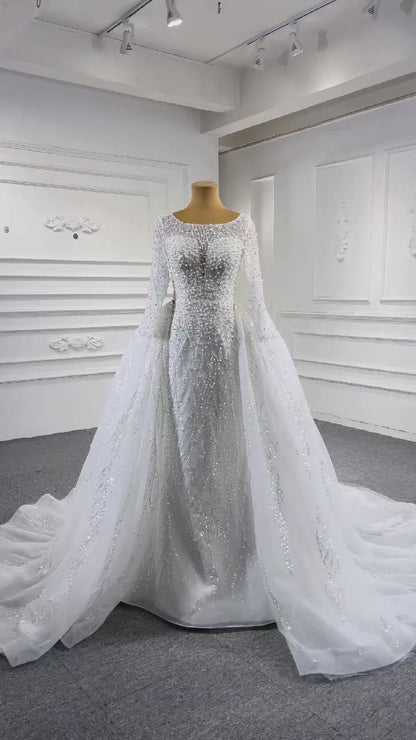 Long Sleeve Modern Pearl Wedding Dresses with Detachable Overskirt 67466
