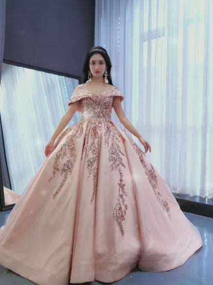 Blush Pink Sweet 16 Dress Off Shoulder Cinderella Ball Gown Wedding Dresses 222201