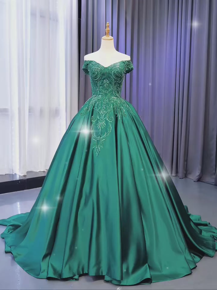Emerald Green Ball Gown Satin Wedding Dresses 67533 – Viniodress