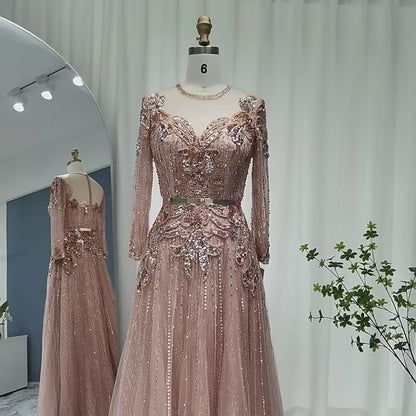 Rose Gold Lace Prom Dresses Long Sleeve Beaded Evening Dress 20085