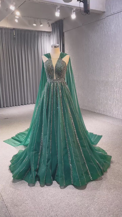 Emerald Green Tulle Wedding Dress Long Cape Pageant Dresses 222132