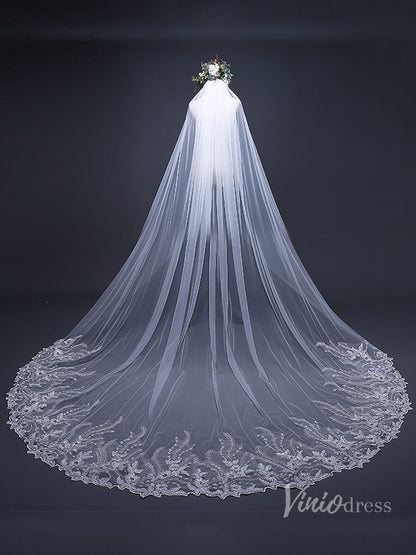 1 Tier Lace Appliqued Cathedral Veil Viniodress TS17124-Bridal Veil 2025 -Viniodress-Ivory-no blusher-