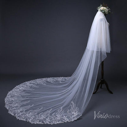 1 Tier Lace Appliqued Cathedral Veil Viniodress TS17124-Bridal Veil 2025 -Viniodress-Ivory-no blusher-