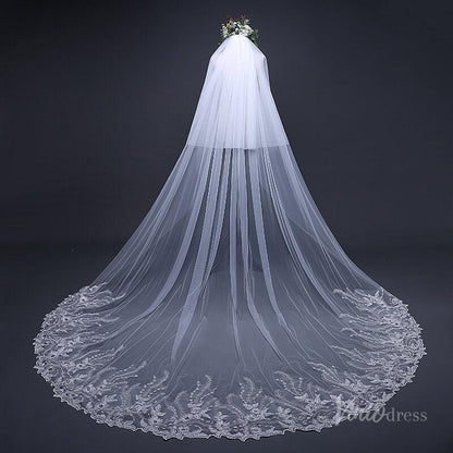 1 Tier Lace Appliqued Cathedral Veil Viniodress TS17124-Bridal Veil 2025 -Viniodress-Ivory-no blusher-