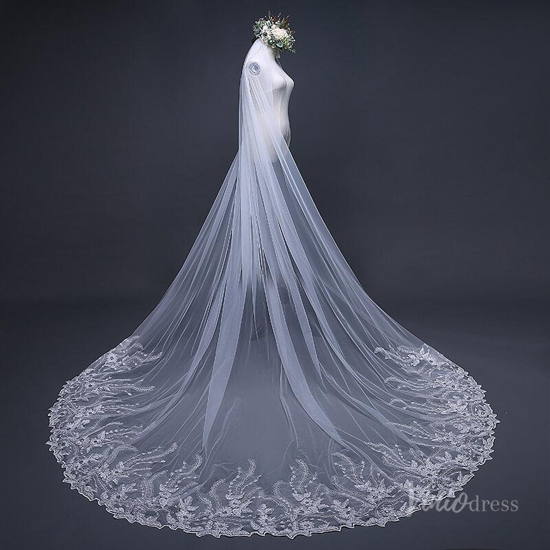 1 Tier Lace Appliqued Cathedral Veil Viniodress TS17124-Bridal Veil 2025 -Viniodress-Ivory-no blusher-