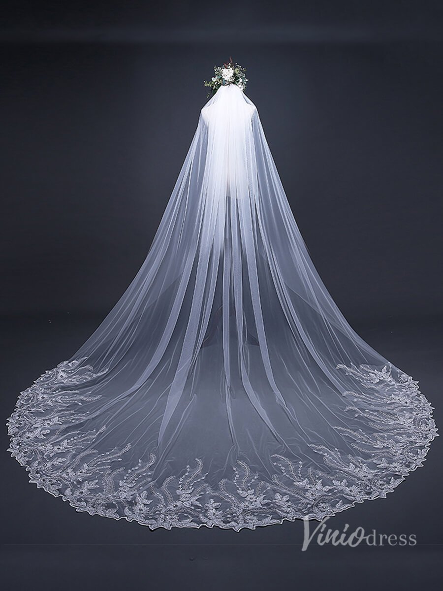 1 Tier Lace Appliqued Cathedral Veil Viniodress TS17124-Bridal Veil 2025 -Viniodress-Ivory-no blusher-