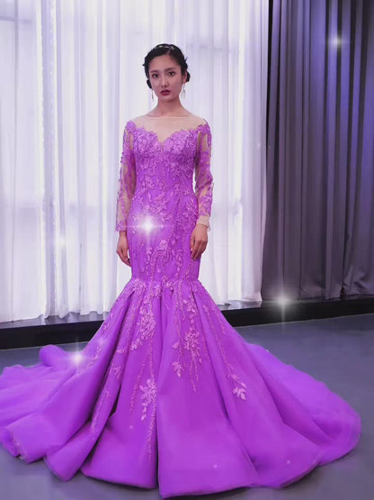 Vestidos de fiesta de sirena de encaje morado Vestido de desfile de manga larga viniodress