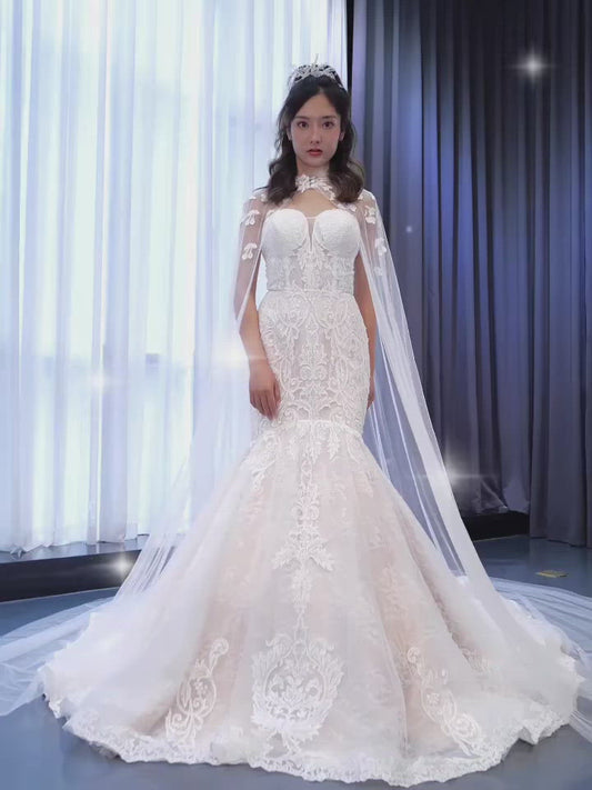 Vestidos de novia vintage de encaje de sirena sin tirantes con capa de cuello alto 67337