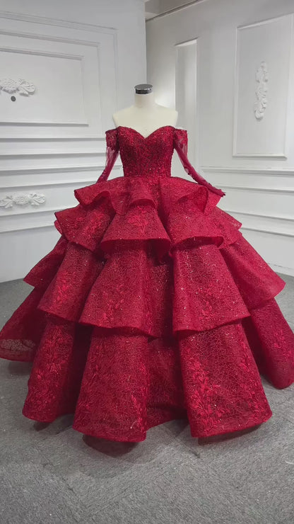 Modest High Neck Red Wedding Dress Long Sleeve Layered Ball Gown 67498