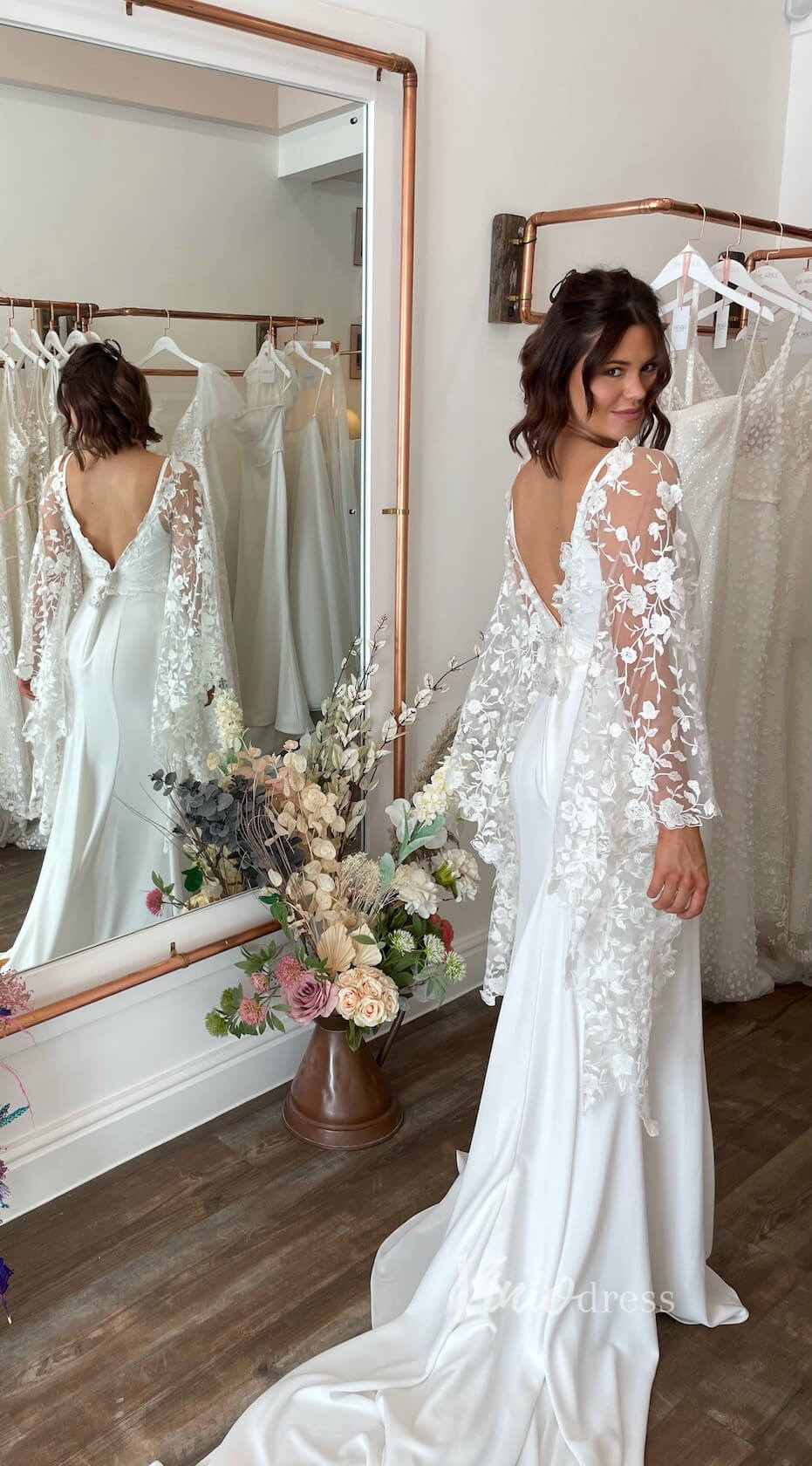 2 in 1 Crepe Mermaid Wedding Dress | Spaghetti Strap Gown with Removable Lace Capelet & Flare Sleeves VW1466-wedding dresses 2025 -Viniodress-Ivory-Dress Only-Custom Size