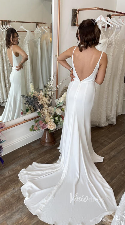 2 in 1 Crepe Mermaid Wedding Dress | Spaghetti Strap Gown with Removable Lace Capelet & Flare Sleeves VW1466-wedding dresses 2025 -Viniodress-Ivory-Dress Only-Custom Size
