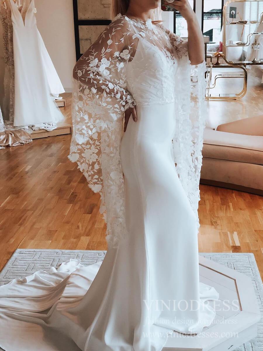 2 in 1 Crepe Mermaid Wedding Dress | Spaghetti Strap Gown with Removable Lace Capelet & Flare Sleeves VW1466-wedding dresses 2025 -Viniodress-Ivory-Dress Only-Custom Size