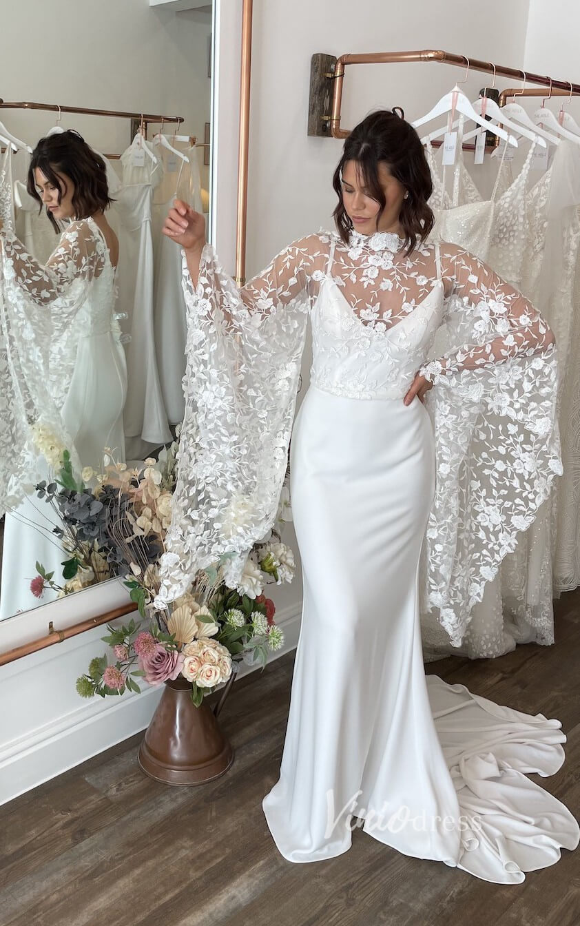 2 in 1 Crepe Mermaid Wedding Dress | Spaghetti Strap Gown with Removable Lace Capelet & Flare Sleeves VW1466-wedding dresses 2025 -Viniodress-Ivory-Dress Only-Custom Size