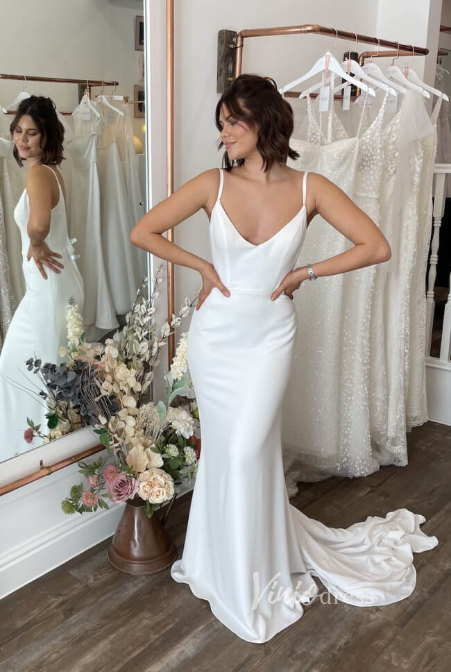 2 in 1 Crepe Mermaid Wedding Dress | Spaghetti Strap Gown with Removable Lace Capelet & Flare Sleeves VW1466-wedding dresses 2025 -Viniodress-Ivory-Dress Only-Custom Size