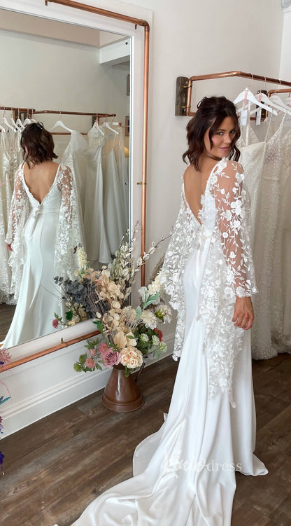 2 in 1 Crepe Mermaid Wedding Dress | Spaghetti Strap Gown with Removable Lace Capelet & Flare Sleeves VW1466-wedding dresses 2025 -Viniodress-Ivory-Dress Only-Custom Size