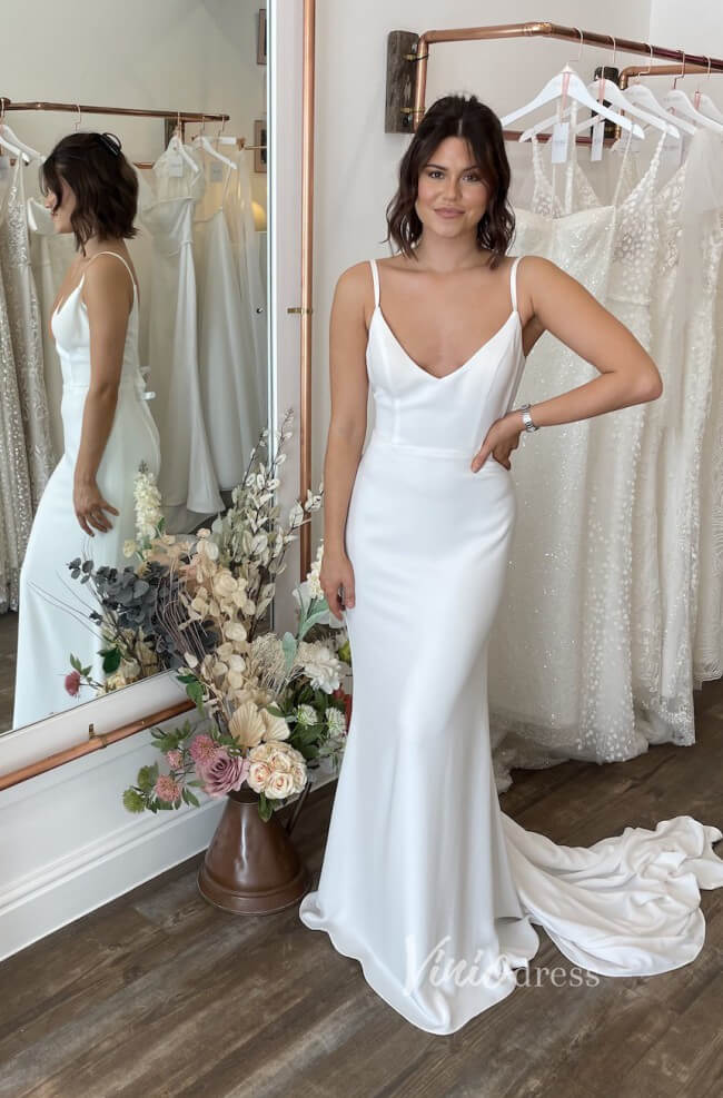 2 in 1 Crepe Mermaid Wedding Dress | Spaghetti Strap Gown with Removable Lace Capelet & Flare Sleeves VW1466-wedding dresses 2025 -Viniodress-Ivory-Dress Only-Custom Size