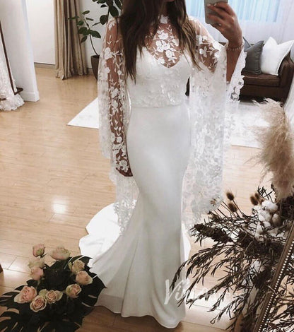 2 in 1 Crepe Mermaid Wedding Dress | Spaghetti Strap Gown with Removable Lace Capelet & Flare Sleeves VW1466-wedding dresses 2025 -Viniodress-Ivory-Dress Only-Custom Size