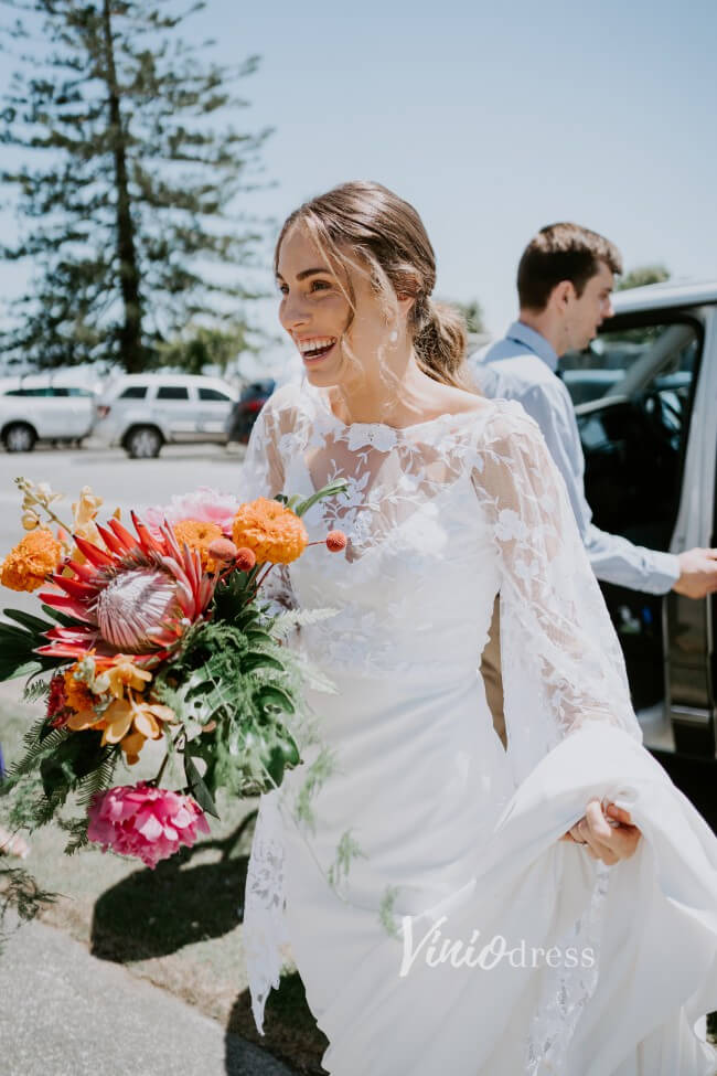 2 in 1 Crepe Mermaid Wedding Dress | Spaghetti Strap Gown with Removable Lace Capelet & Flare Sleeves VW1466-wedding dresses 2025 -Viniodress-Ivory-Dress Only-Custom Size