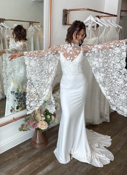 2 in 1 Crepe Mermaid Wedding Dress | Spaghetti Strap Gown with Removable Lace Capelet & Flare Sleeves VW1466-wedding dresses 2025 -Viniodress-Ivory-Dress Only-Custom Size