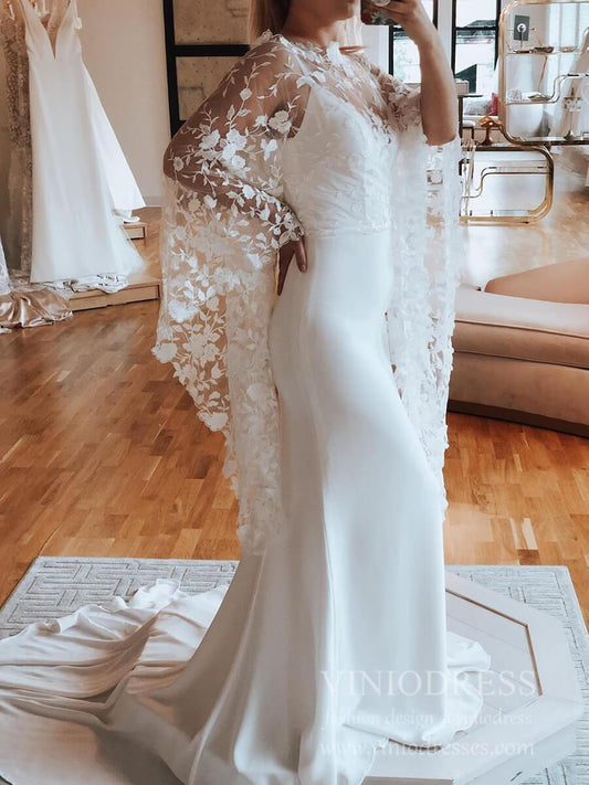 2 in 1 Crepe Mermaid Wedding Dress | Spaghetti Strap Gown with Removable Lace Capelet & Flare Sleeves VW1466-wedding dresses 2025 -Viniodress-Ivory-Dress Only-Custom Size