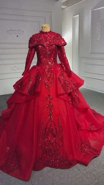 Robe de mariée modeste dorée à manches longues, col haut, 67024