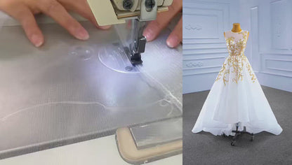 Robe de bal blanche haute et basse, robe de concours de perles dorées 67441