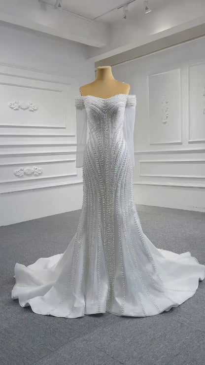 Robes de mariée sirène perlées à manches longues Viniodress 67314