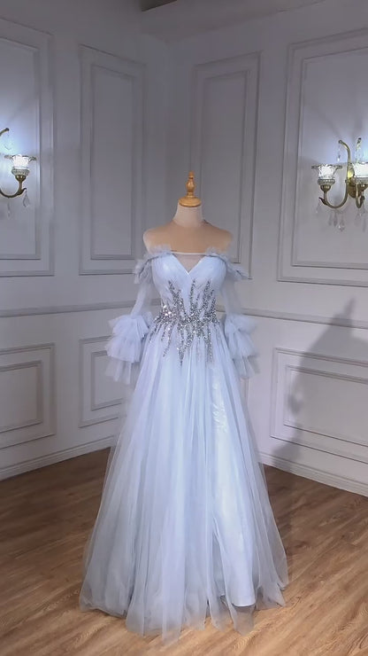 Light Blue Sparkly Tulle Evening Dresses Long Puffed Sleeve Prom Dress FD3006
