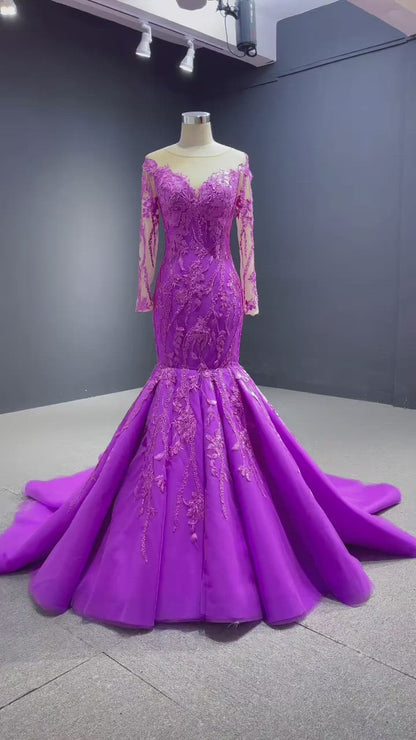 Vestidos de fiesta de sirena de encaje morado Vestido de desfile de manga larga viniodress