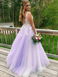 3D Floral Lilac Tulle Long Prom Dresses V Neck Junior Prom Dress FD2330