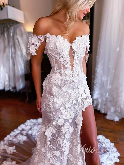 3D Flower Boho Wedding Dress | Off-Shoulder Sheath Gown with High Slit, Basque Waist & Chapel Train VW2115-wedding dresses 2025 -Viniodress-Ivory-Custom Size-