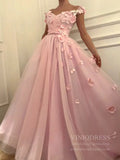 3D Floral Appliqued Pink Long Prom Dresses Off the Shoulder Sleeves FD1674