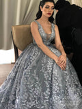 3D Floral Lace Prom Dresses V Neck Slate Gray Fairy Princess Dress FD1107 viniodress