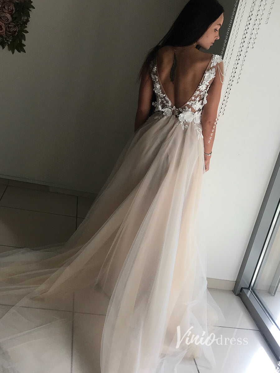 3D Floral Tulle Country Wedding Dresses Backless VW2101-wedding dresses-Viniodress-Viniodress