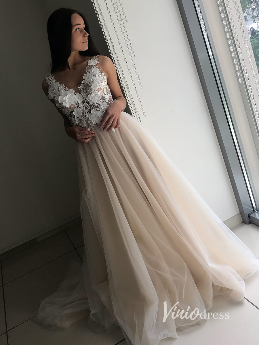 3D Floral Tulle Country Wedding Dresses Backless VW2101-wedding dresses-Viniodress-Viniodress