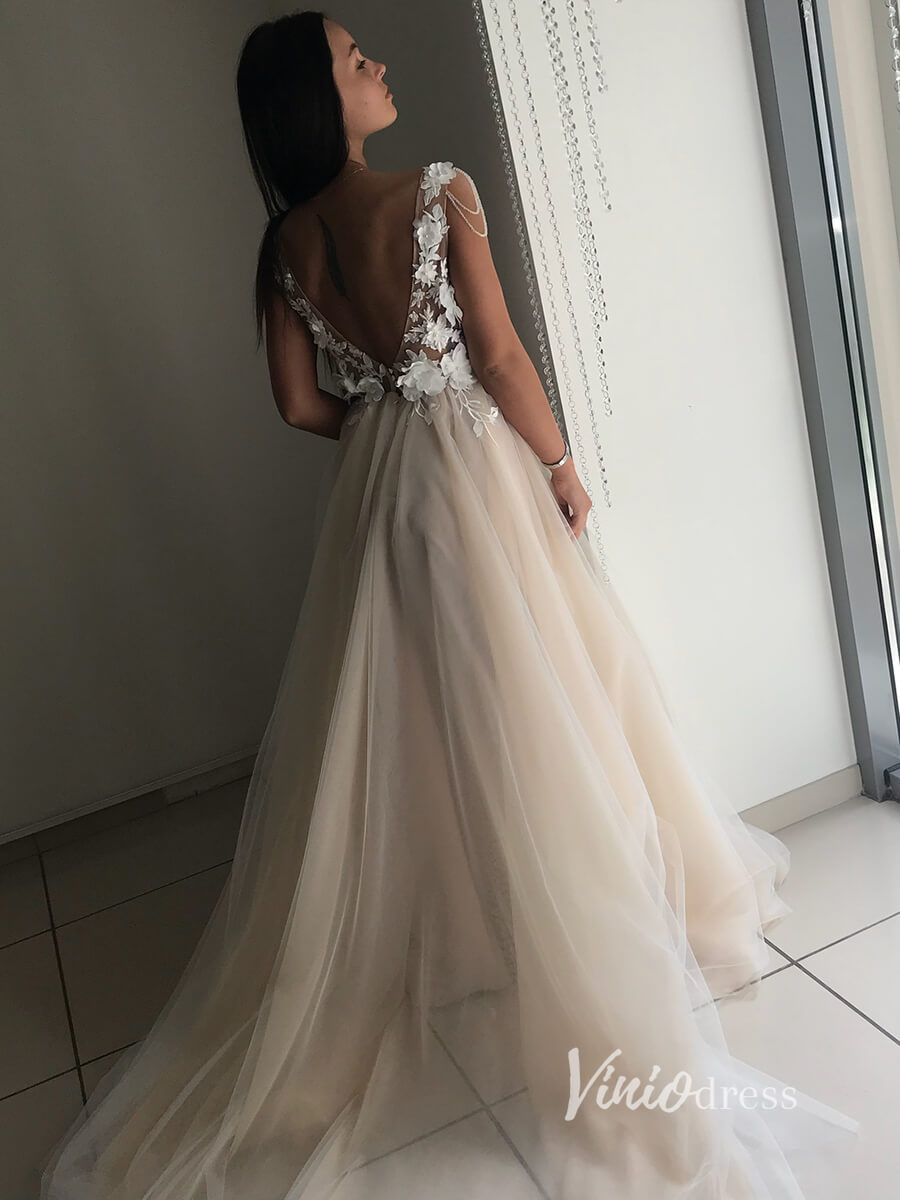3D Floral Tulle Country Wedding Dresses Backless VW2101-wedding dresses-Viniodress-Viniodress