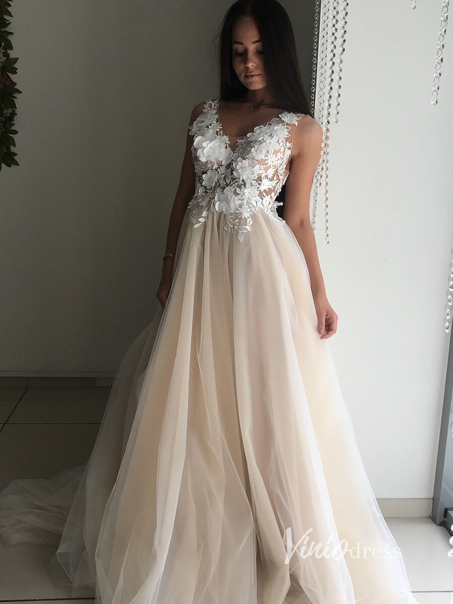 3D Floral Tulle Country Wedding Dresses Backless VW2101-wedding dresses-Viniodress-Viniodress