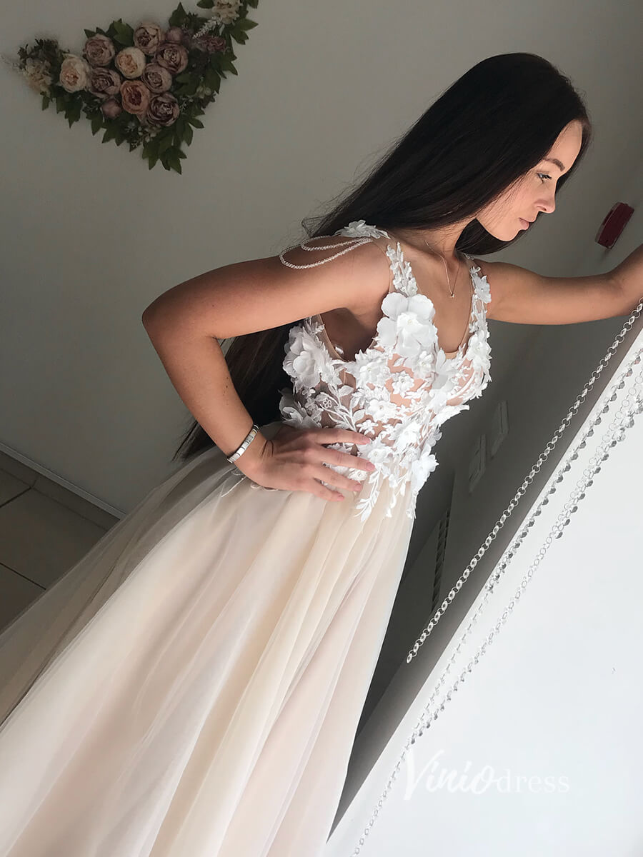 3D Floral Tulle Country Wedding Dresses Backless VW2101-wedding dresses-Viniodress-Viniodress