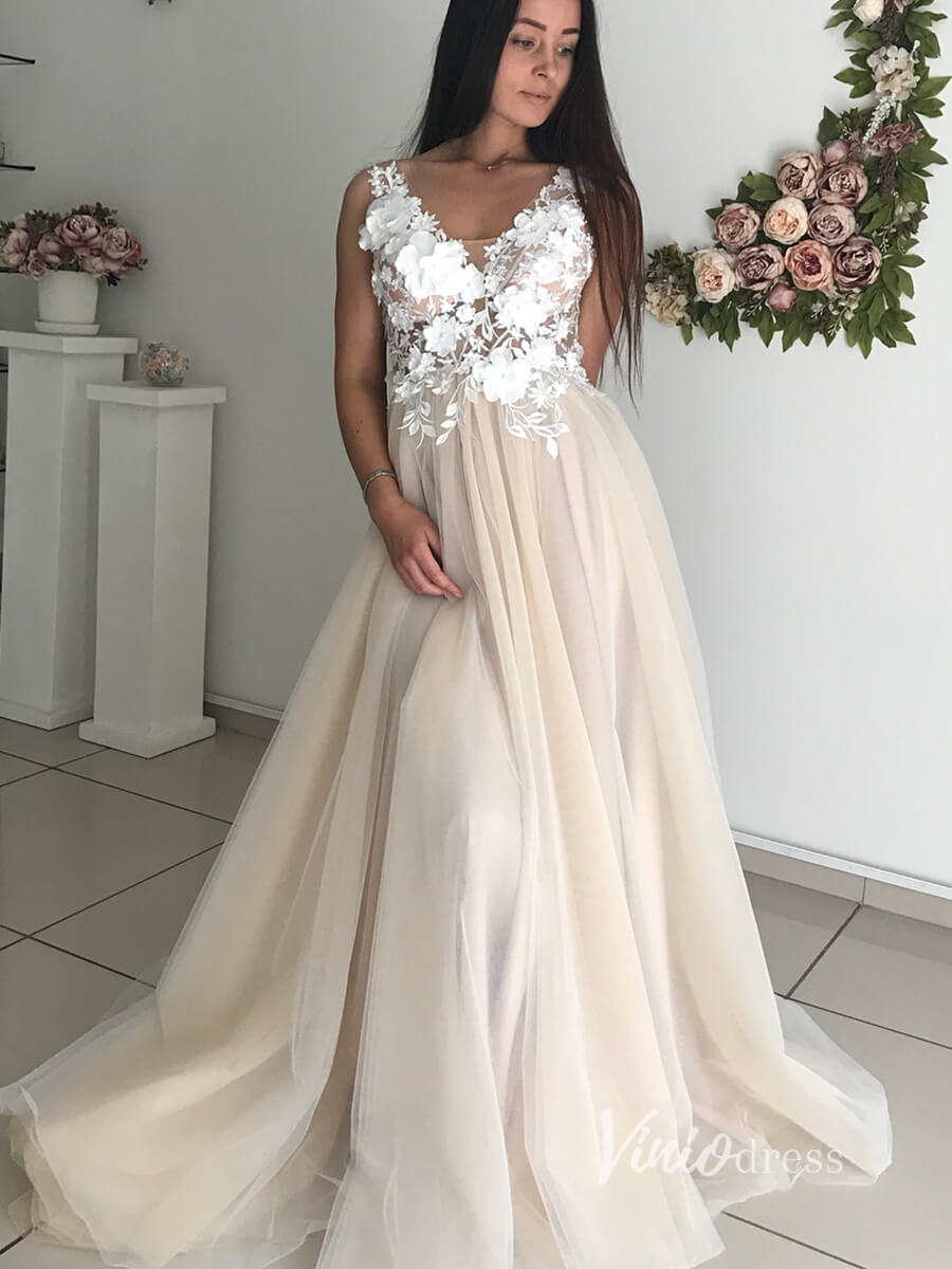 3D Floral Tulle Country Wedding Dresses Backless VW2101-wedding dresses-Viniodress-Champagne-Custom Size-Viniodress