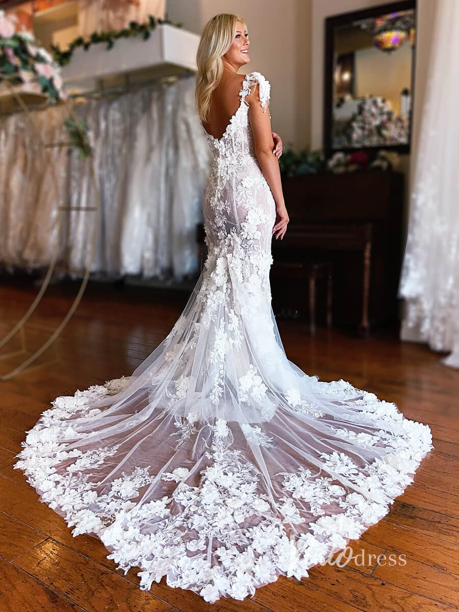 3D Flower Lace Mermaid Wedding Dresses with Slit VW2115-wedding dresses-Viniodress-Ivory-Custom Size-Viniodress