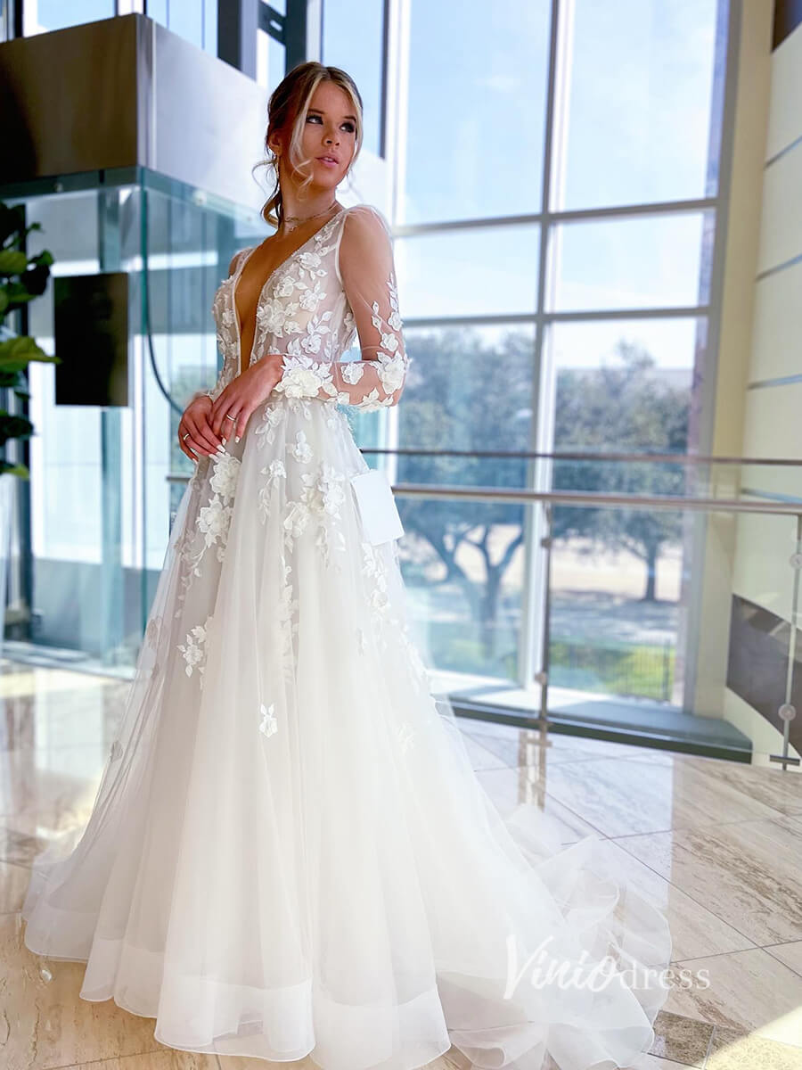 3D Flower Modern Wedding Dresses Backless Long Sleeve Wedding Gown VW2116-wedding dresses-Viniodress-Viniodress