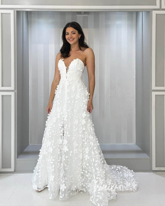 3D Leaf Lace Wedding Dresses Strapless Country Bridal Gown with Slit VW1871B-wedding dresses 2025 -Viniodress-Ivory-Custom Size-