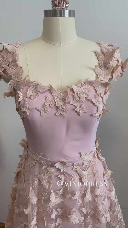 Fairy Pink Butterfly Lace Long Prom Dresses A-line FD1641