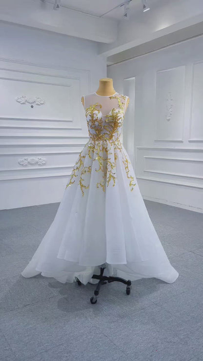 Robe de bal blanche haute et basse, robe de concours de perles dorées 67441