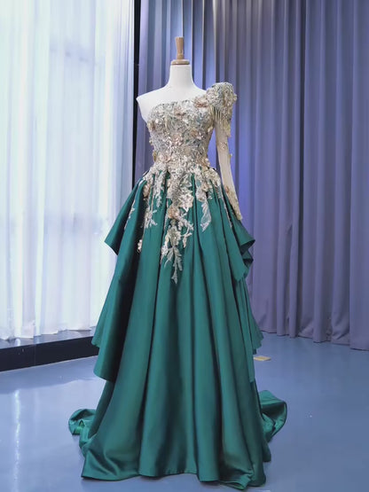 Vestido formal de una línea verde esmeralda Vestido de fiesta de graduación de manga larga con un hombro 67508