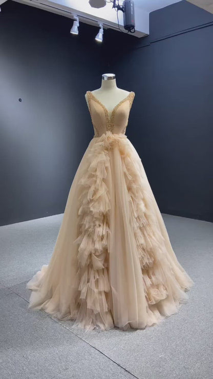 Robes de bal en tulle à volants Robe de bal perlée à col en V 66990 viniodress