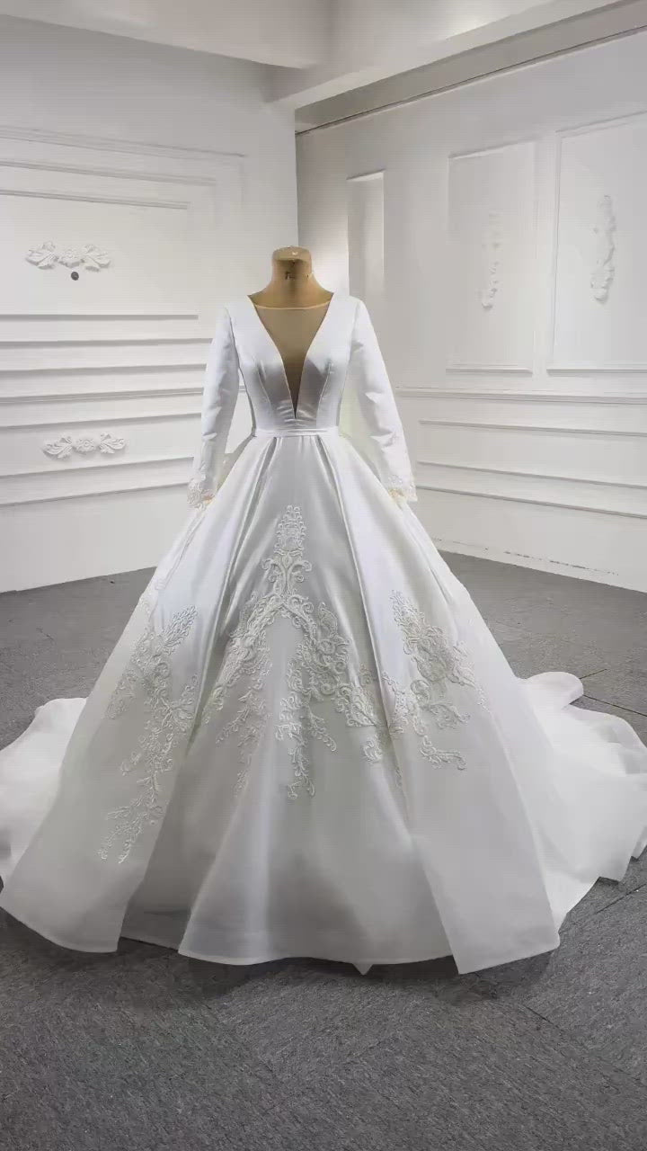 Modest Dubai Satin Wedding Dress Beaded Long Sleeve Ball Gown 67513 ...