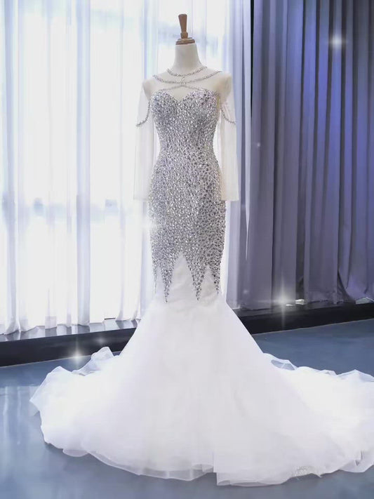 Vestidos de novia de sirena de lujo con diamantes de imitación y mangas largas Viniodress 67328