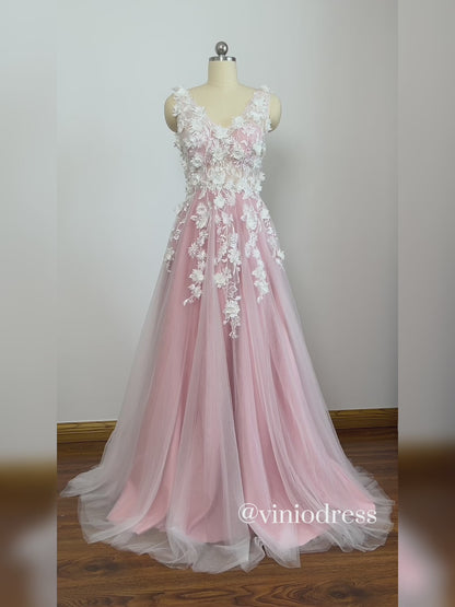 <transcy>Vestidos de fiesta largos de tul lila floral 3D Vestido de fiesta junior con cuello en V FD2330</transcy>